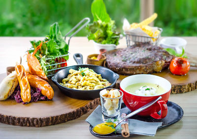 Close-up of food served on table