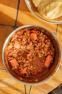 High angle view of food in bowl on table