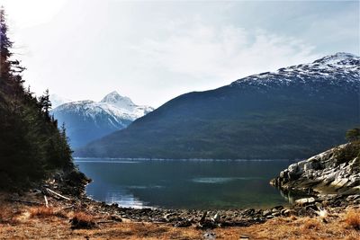 Scenic view of lake and mountains against sky