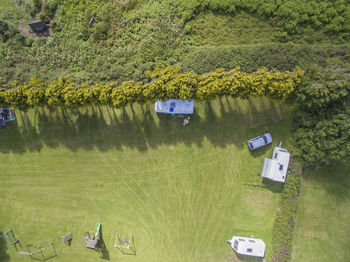 High angle view of plants on field by lake