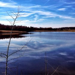 Scenic view of lake against cloudy sky