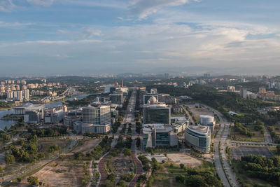 High angle view of cityscape against sky at night