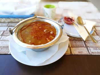 Close-up of soup in bowl on table