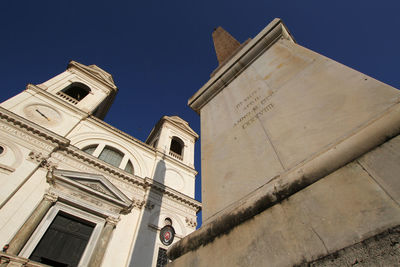 Low angle view of old building against clear blue sky