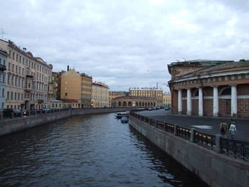 View of buildings by river against cloudy sky