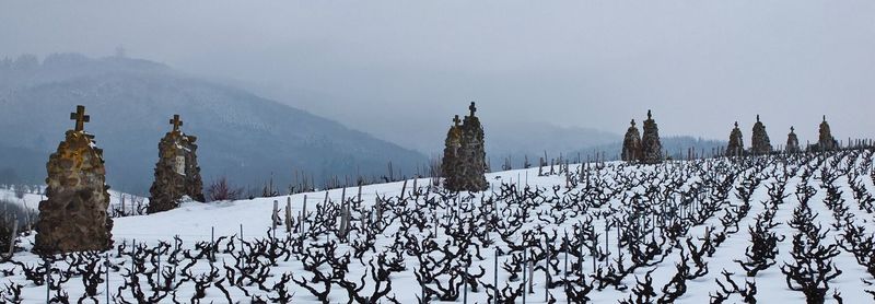 Panoramic view of snow covered field with cross against sky in foggy weather