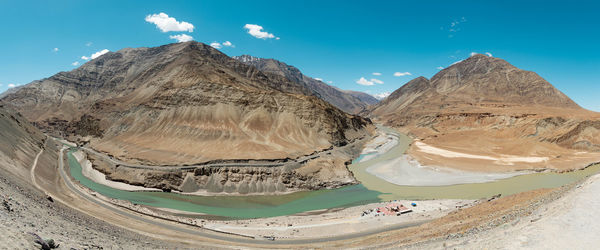 Panoramic view of snowcapped mountains against blue sky