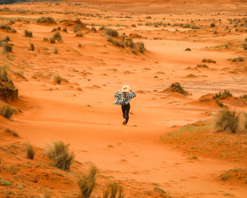 Rear view of man walking on desert