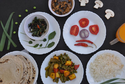 High angle view of food served on table