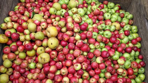High angle view of apples in wooden box