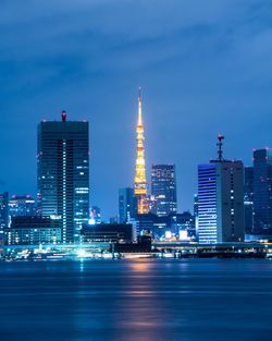 Illuminated buildings in city