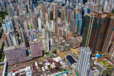 High angle view of modern buildings in city