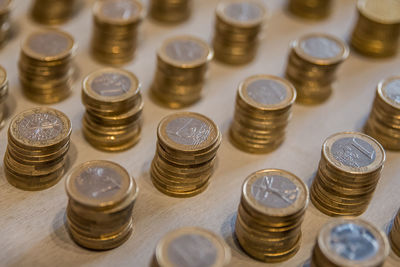 High angle view of coins