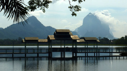 Built structure by lake against sky