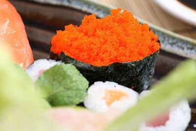 Close-up of sushi served in plate