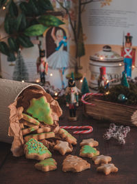 Close-up of christmas decorations on table