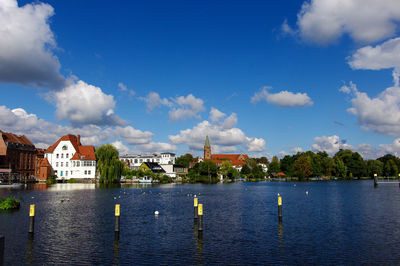 Town against blue sky