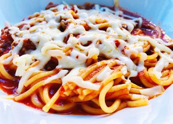 Close-up of pasta served in plate