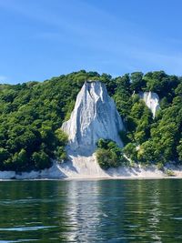 Scenic view of lake by rock formation against sky
