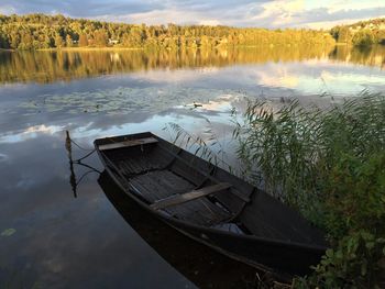 High angle view of boat moored on lake