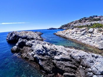 Scenic view of sea against clear blue sky