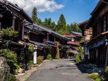 Houses amidst trees and buildings against sky