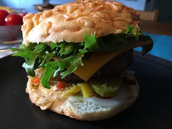 Close-up of burger in plate on table