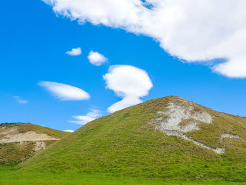 Low angle view of mountain against blue sky