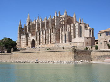 Palma cathedral by lake against clear blue sky in city