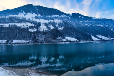 Scenic view of lake and snowcapped mountains against sky