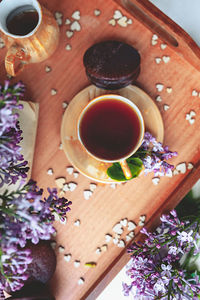 High angle view of tea cup on table