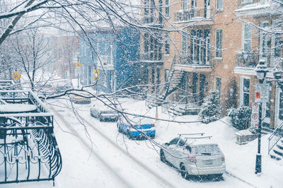 Snow covered road in city