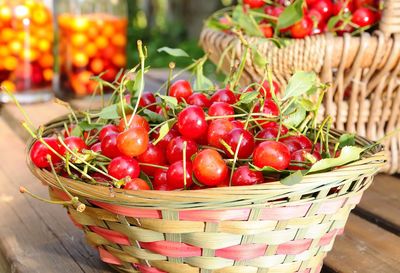 Close-up of strawberries in basket on table