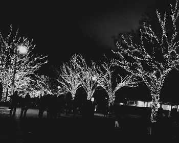 People walking on illuminated street against sky at night