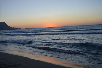 View of calm beach at sunset