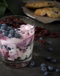 Parfait blueberry yogurt in a glass