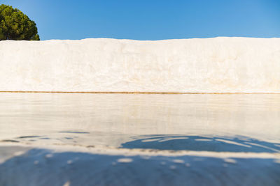 Surface level of lake against clear blue sky