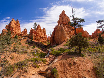 Sand and stone formations with blue sky and green trees in bryce canyon national park, utah, usa