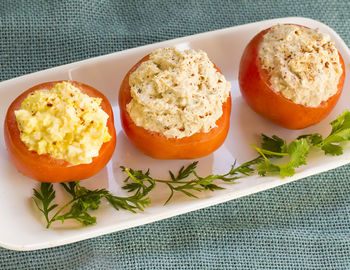 High angle view of breakfast served on table