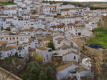 High angle view of residential buildings in town