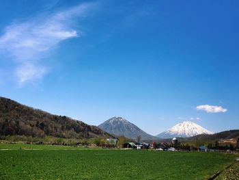 Scenic view of field and mountains against blue sky
