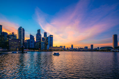 City at waterfront during sunset