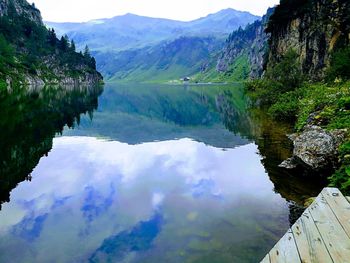 Scenic view of lake and mountains against sky