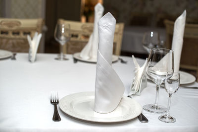 Wine glasses on table in restaurant