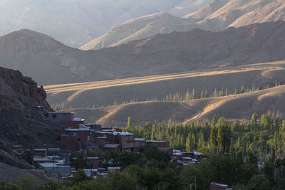 High angle view of buildings and mountains