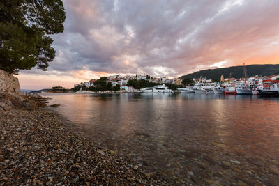 Evening view of the harbour on skiathos island, greece.