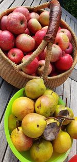 High angle view of apples in basket on table