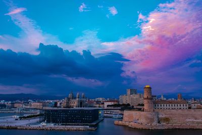 City at waterfront against cloudy sky