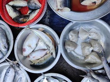 High angle view of fish for sale in market