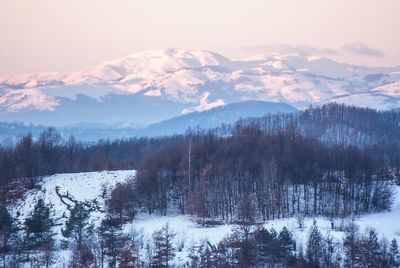 Scenic view of snow covered mountains against sky